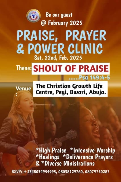 Praise, Prayer & Power Clinic — Shout of Praise, 22 February 2025 (flyer)